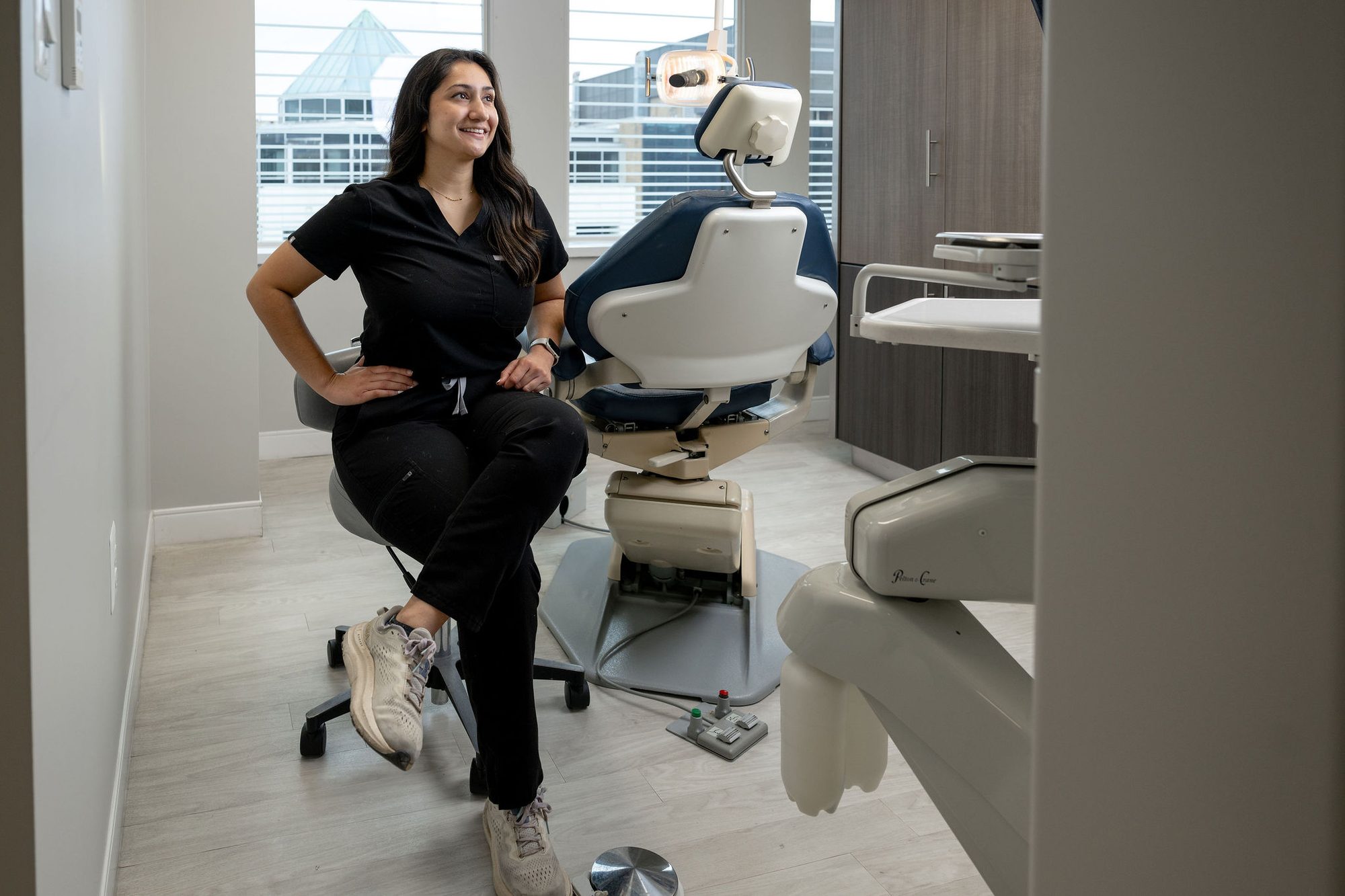 Patient mid-treatment during an in-office whitening session
